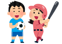 サッカーボールを両手で持っているユニフォーム姿の男の子とユニフォーム姿でバットを振る女の子のイラスト