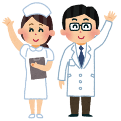 笑顔で手を挙げている女性看護師さんと男性医師のイラスト